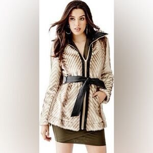 Guess Cream and Brown Faux Fur Belted Jacket